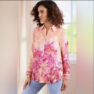 Soft Surroundings Cotton Floral and Striped Button-Up Blouse‎ Large